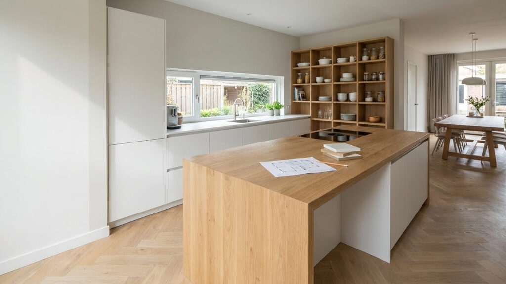 Gezellig gezinshart keuken met wit en hout en een ruim kookeiland
