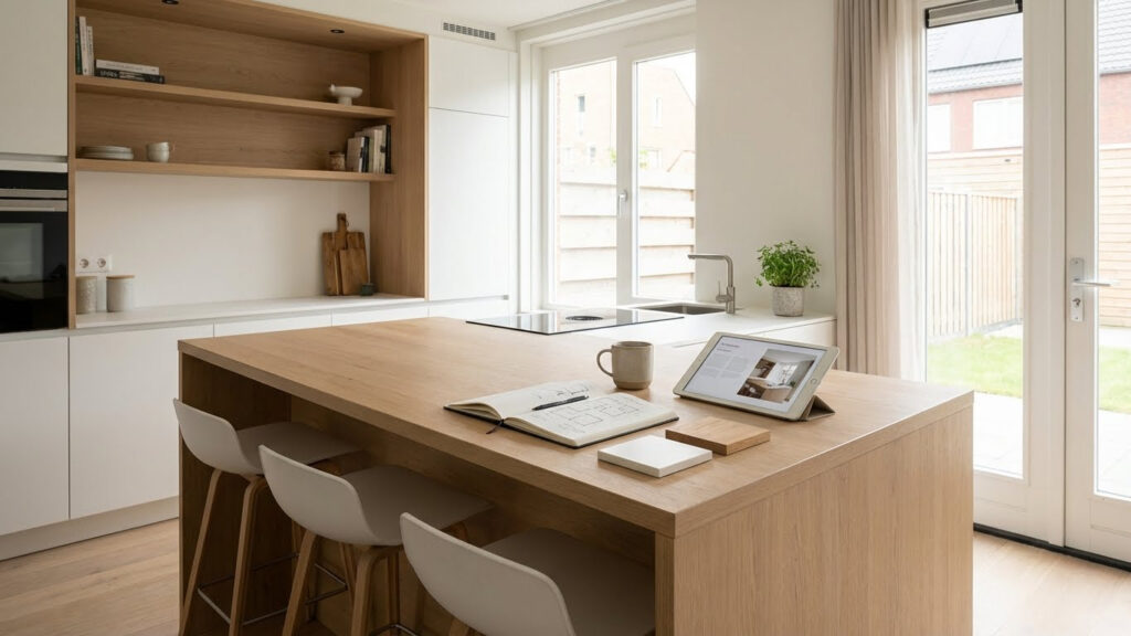 Ontwerp voor een gezellig gezinshart keuken met wit en hout