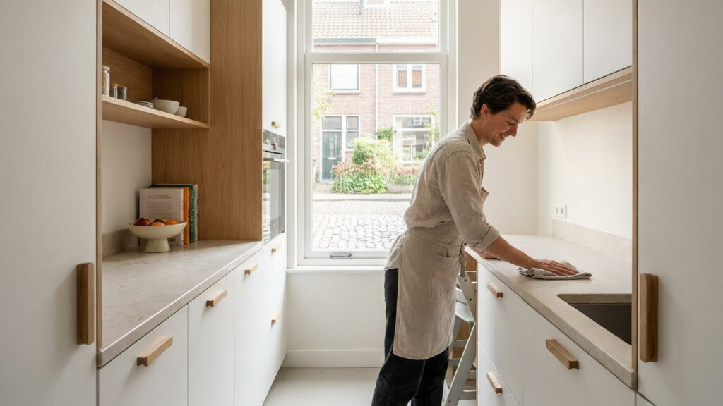 Inductiekookplaat met kinderslot in een moderne gezinskeuken, terwijl moeder kookt en kinderen aan het eiland zitten