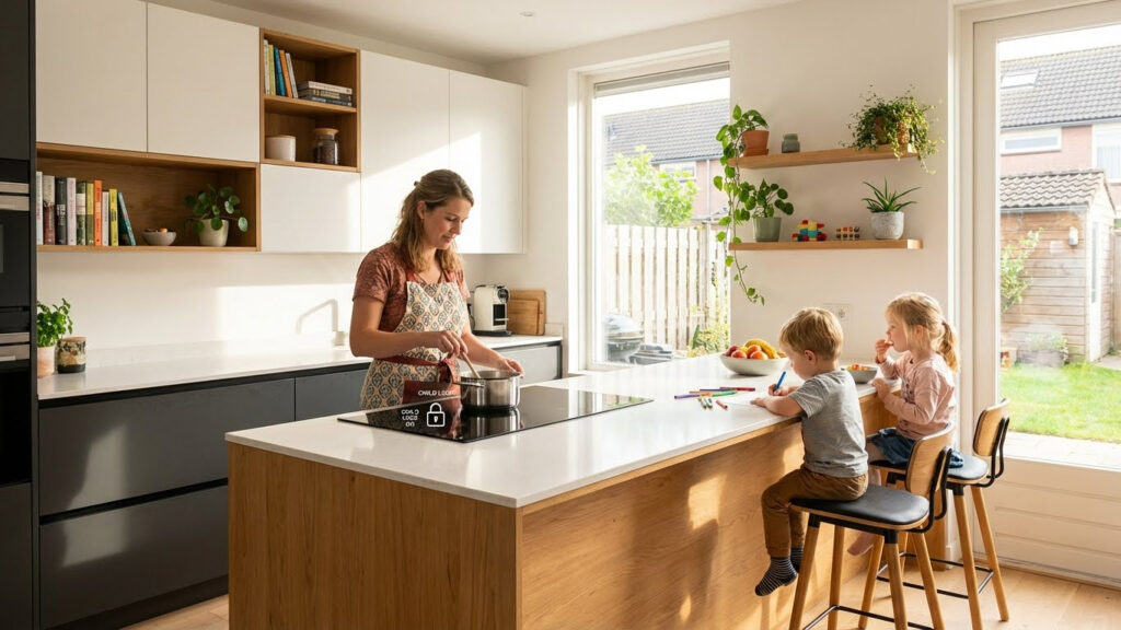 inductiekookplaat met kinderslot in een moderne gezinskeuken terwijl moeder kookt en kinderen aan het eiland zitten.